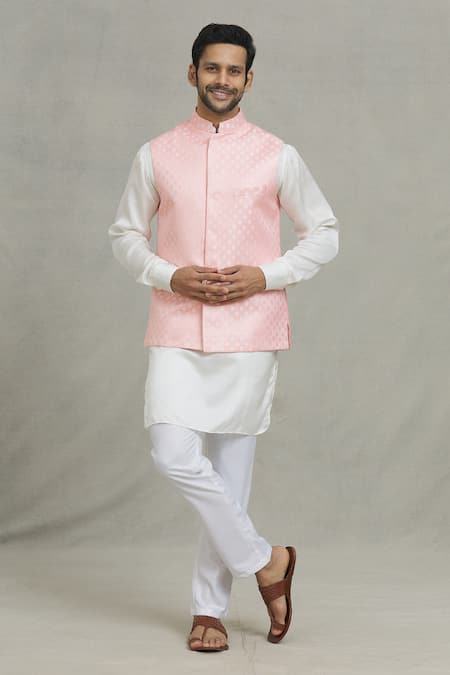 Spring Break Pink Cotton, Silk Embroidery Leaf Woven Bundi And Kurta Set 