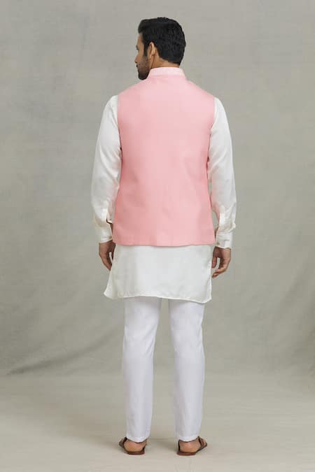 Shop_Spring Break_Pink Cotton, Silk Embroidery Leaf Woven Bundi And Kurta Set _at_Aza_Fashions