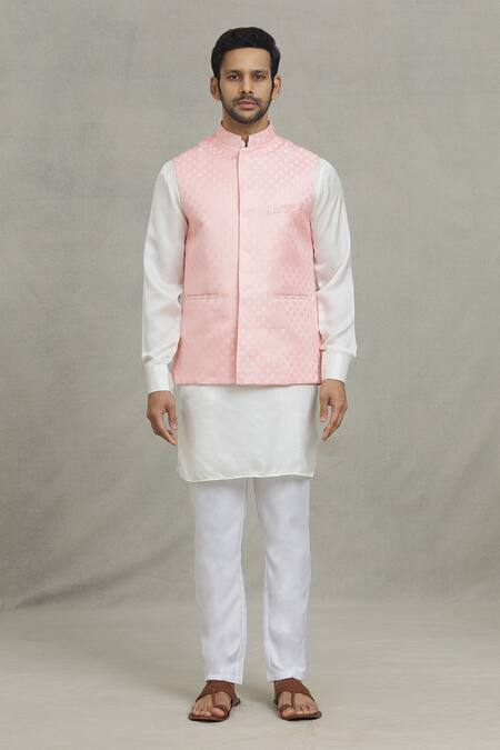Spring Break_Pink Cotton, Silk Embroidery Leaf Woven Bundi And Kurta Set _Online_at_Aza_Fashions