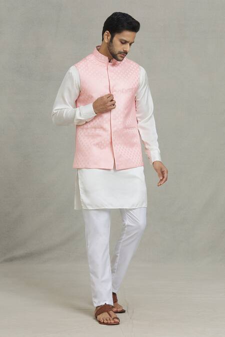 Shop_Spring Break_Pink Cotton, Silk Embroidery Leaf Woven Bundi And Kurta Set _Online_at_Aza_Fashions