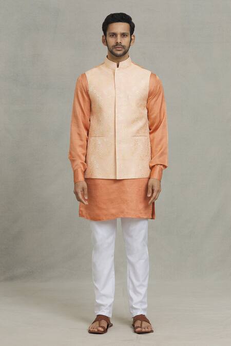 Spring Break Gold Cotton, Silk Embroidery Floral Woven Bundi And Kurta Set Online at Aza Fashions Spring Break_Gold Cotton, Silk Embroidery Floral Woven Bundi And Kurta Set _Online_at_Aza_Fashions