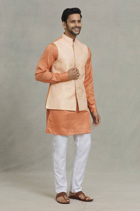 Buy Spring Break Gold Cotton, Silk Embroidery Floral Woven Bundi And Kurta Set Online at Aza Fashions Buy_Spring Break_Gold Cotton, Silk Embroidery Floral Woven Bundi And Kurta Set _Online_at_Aza_Fashions