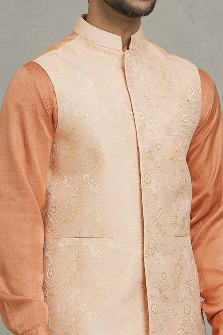 Spring Break Gold Cotton, Silk Embroidery Floral Woven Bundi And Kurta Set at Aza Fashions Spring Break_Gold Cotton, Silk Embroidery Floral Woven Bundi And Kurta Set _at_Aza_Fashions