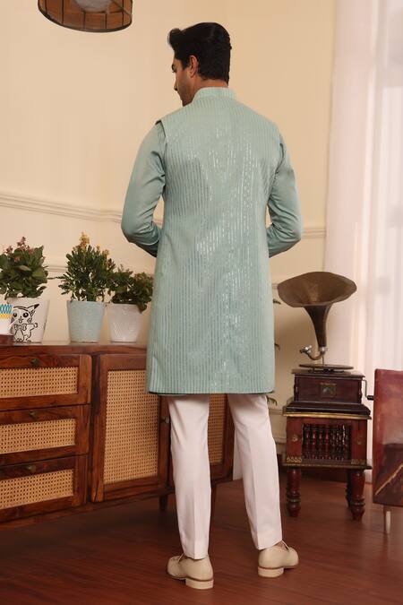Shop_Kustomeyes_Green Silk, Cotton Zari Stripe Embroidered Shrug And Kurta Set _at_Aza_Fashions