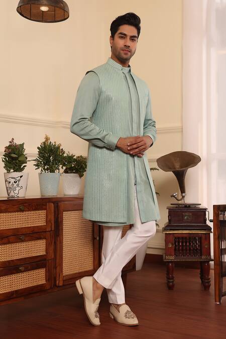 Kustomeyes_Green Silk, Cotton Zari Stripe Embroidered Shrug And Kurta Set _Online_at_Aza_Fashions