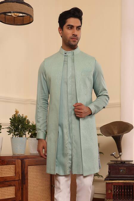 Buy Kustomeyes Green Silk, Cotton Zari Stripe Embroidered Shrug And Kurta Set Online at Aza Fashions Buy_Kustomeyes_Green Silk, Cotton Zari Stripe Embroidered Shrug And Kurta Set _Online_at_Aza_Fashions