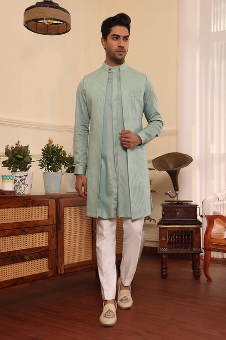 Shop_Kustomeyes_Green Silk, Cotton Zari Stripe Embroidered Shrug And Kurta Set _Online_at_Aza_Fashions