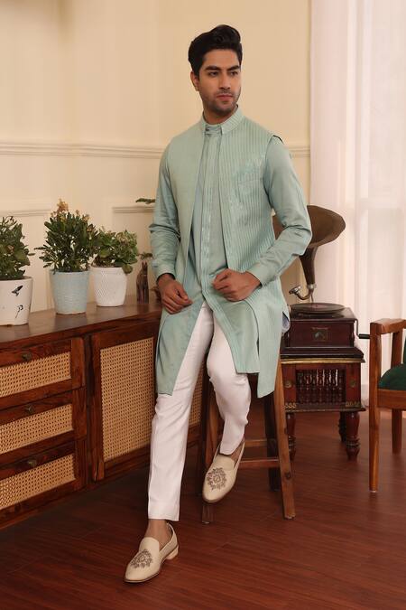 Kustomeyes_Green Silk, Cotton Zari Stripe Embroidered Shrug And Kurta Set _at_Aza_Fashions