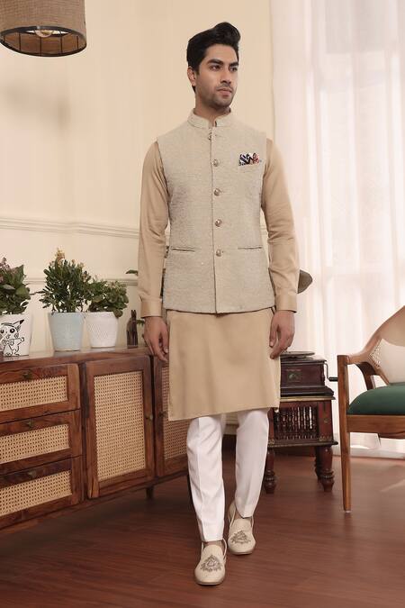 Buy_Kustomeyes_Beige Silk, Cotton Sequins, Embroidery Floral Bundi And Kurta Set _Online_at_Aza_Fashions