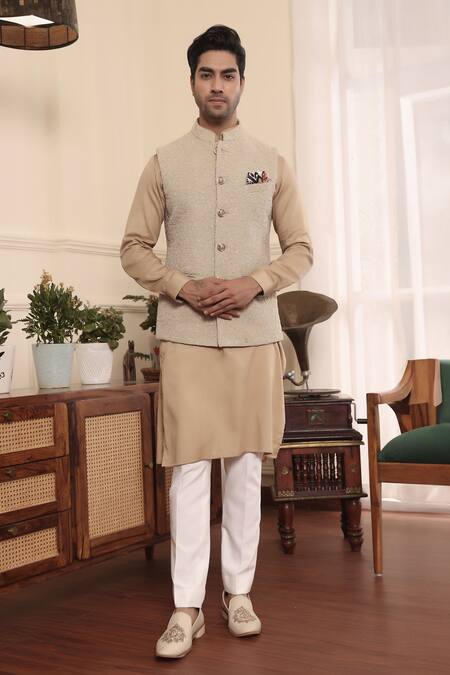 Shop_Kustomeyes_Beige Silk, Cotton Sequins, Embroidery Floral Bundi And Kurta Set _Online_at_Aza_Fashions