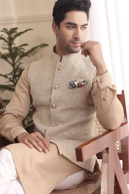 Buy_Kustomeyes_Beige Silk, Cotton Sequins, Embroidery Floral Bundi And Kurta Set 