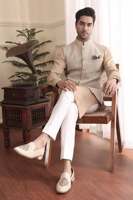 Shop_Kustomeyes_Beige Silk, Cotton Sequins, Embroidery Floral Bundi And Kurta Set 