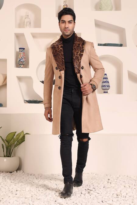 Kustomeyes Beige Suede Fur Lapel Collar Overcoat Online at Aza Fashions Kustomeyes_Beige Suede Fur Lapel Collar Overcoat _Online_at_Aza_Fashions