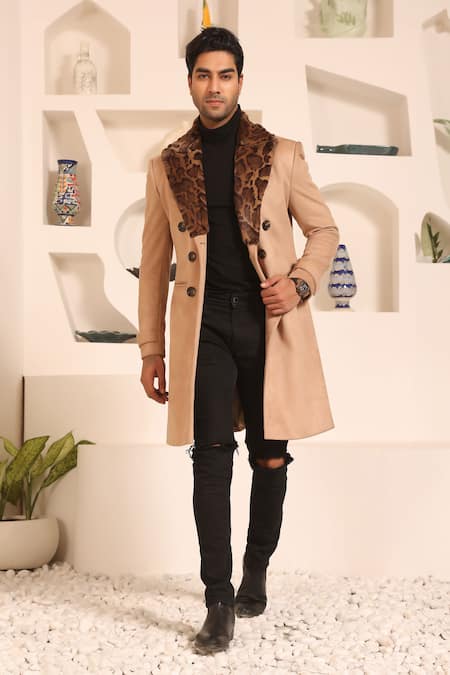 Buy_Kustomeyes_Beige Suede Fur Lapel Collar Overcoat _Online_at_Aza_Fashions