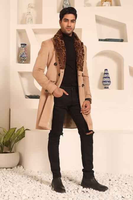 Shop_Kustomeyes_Beige Suede Fur Lapel Collar Overcoat _Online_at_Aza_Fashions