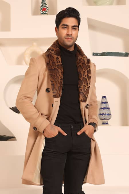 Kustomeyes_Beige Suede Fur Lapel Collar Overcoat _at_Aza_Fashions