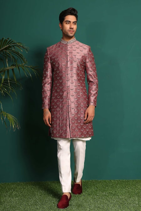 Shop_Kustomeyes_Pink Silk, Cotton Sequins, Beads Raw Embroidered Sherwani Set _at_Aza_Fashions