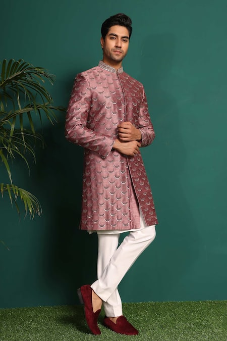 Kustomeyes_Pink Silk, Cotton Sequins, Beads Raw Embroidered Sherwani Set _Online_at_Aza_Fashions