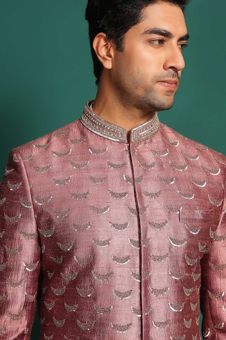 Shop_Kustomeyes_Pink Silk, Cotton Sequins, Beads Raw Embroidered Sherwani Set _Online_at_Aza_Fashions
