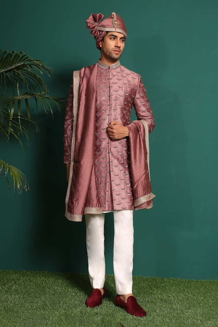 Kustomeyes_Pink Silk, Cotton Sequins, Beads Raw Embroidered Sherwani Set _at_Aza_Fashions