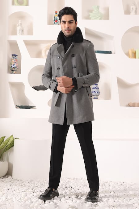 Shop_Kustomeyes_Grey Tweed Fur Collar Overcoat _at_Aza_Fashions