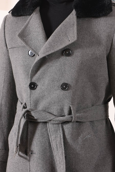 Shop_Kustomeyes_Grey Tweed Fur Collar Overcoat _Online_at_Aza_Fashions