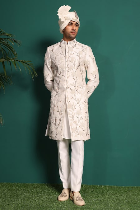 Shop_Kustomeyes_Ivory Silk Beads, Cut Work Raw Embellished Sherwani Set _at_Aza_Fashions