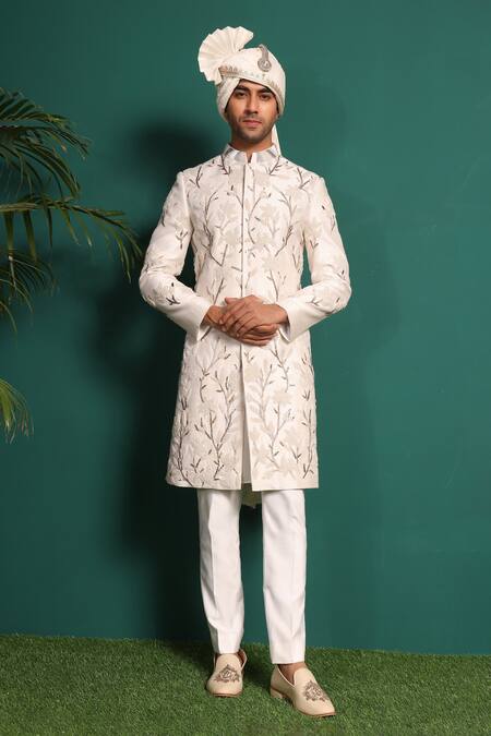 Kustomeyes_Ivory Silk Beads, Cut Work Raw Embellished Sherwani Set _Online_at_Aza_Fashions