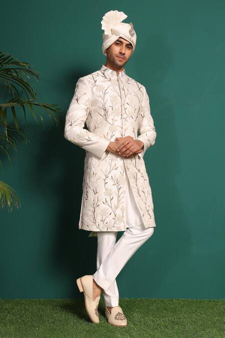Buy_Kustomeyes_Ivory Silk Beads, Cut Work Raw Embellished Sherwani Set _Online_at_Aza_Fashions