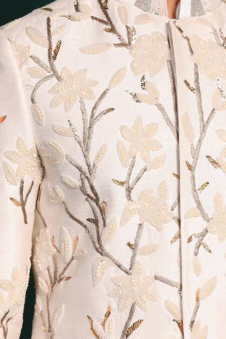 Shop_Kustomeyes_Ivory Silk Beads, Cut Work Raw Embellished Sherwani Set _Online_at_Aza_Fashions