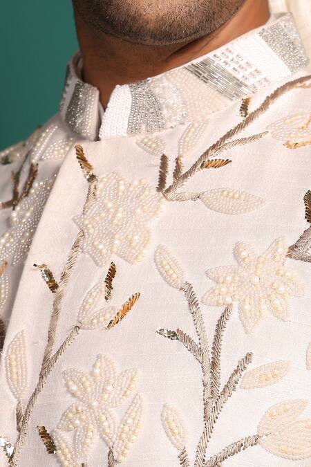 Kustomeyes_Ivory Silk Beads, Cut Work Raw Embellished Sherwani Set _at_Aza_Fashions