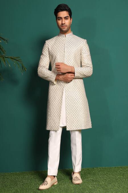 Shop_Kustomeyes_Ivory Silk, Cotton Metallic Thread, Beads, Moti Embellished Sherwani Set _at_Aza_Fashions