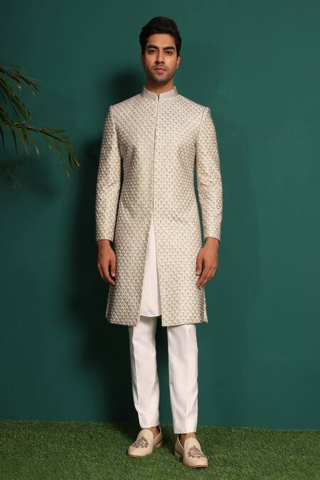 Kustomeyes_Ivory Silk, Cotton Metallic Thread, Beads, Moti Embellished Sherwani Set _Online_at_Aza_Fashions