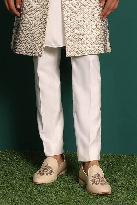 Buy_Kustomeyes_Ivory Silk, Cotton Metallic Thread, Beads, Moti Embellished Sherwani Set _Online_at_Aza_Fashions