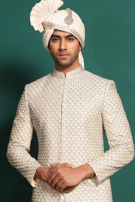 Shop_Kustomeyes_Ivory Silk, Cotton Metallic Thread, Beads, Moti Embellished Sherwani Set _Online_at_Aza_Fashions