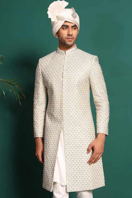 Kustomeyes_Ivory Silk, Cotton Metallic Thread, Beads, Moti Embellished Sherwani Set _at_Aza_Fashions