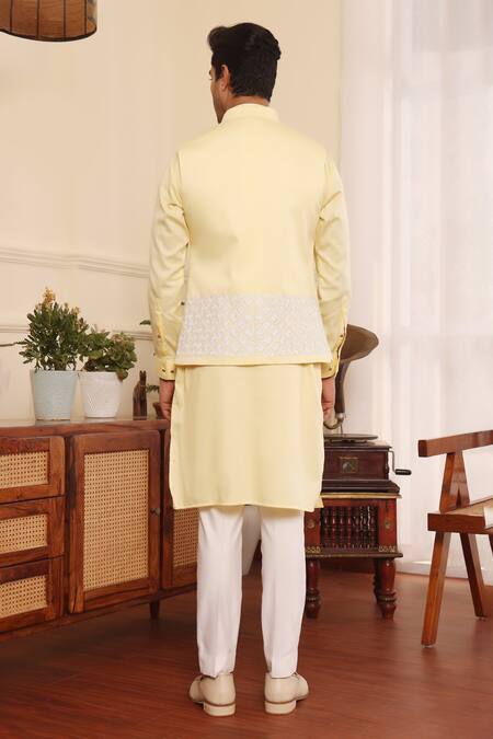 Shop_Kustomeyes_Yellow Cotton Embroidery Bundi And Kurta Set _at_Aza_Fashions
