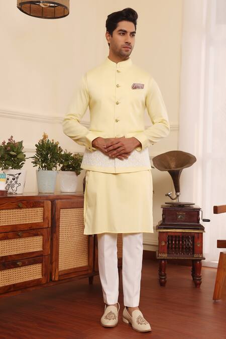 Kustomeyes_Yellow Cotton Embroidery Bundi And Kurta Set _Online_at_Aza_Fashions