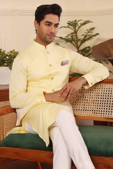 Buy_Kustomeyes_Yellow Cotton Embroidery Bundi And Kurta Set 