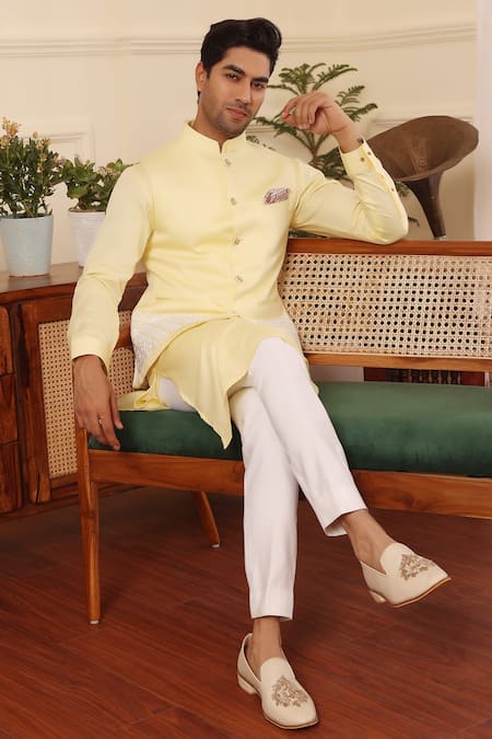 Shop_Kustomeyes_Yellow Cotton Embroidery Bundi And Kurta Set 