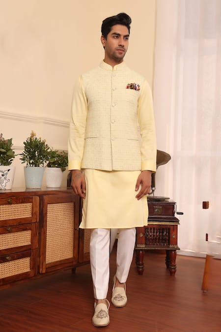 Shop_Kustomeyes_Yellow Silk, Cotton Sequins, Embroidery Thread Bundi And Kurta Set _at_Aza_Fashions