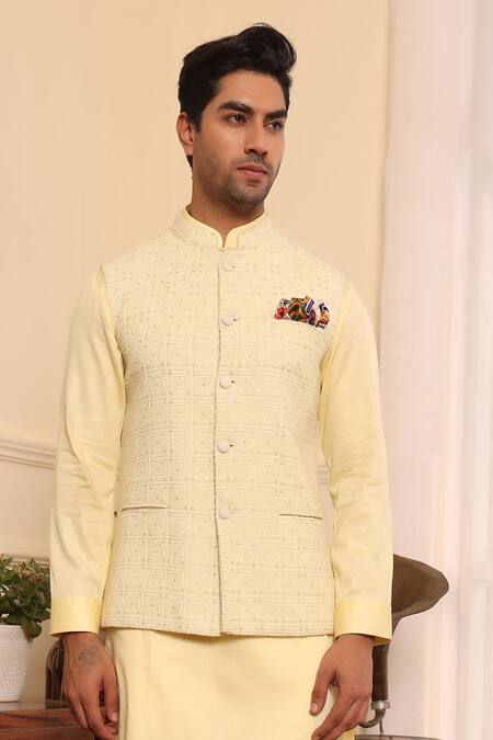 Kustomeyes Yellow Silk, Cotton Sequins, Embroidery Thread Bundi And Kurta Set Online at Aza Fashions Kustomeyes_Yellow Silk, Cotton Sequins, Embroidery Thread Bundi And Kurta Set _Online_at_Aza_Fashions