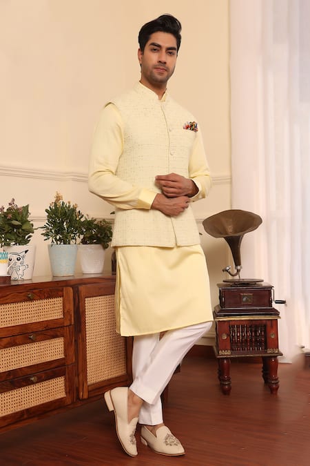 Shop_Kustomeyes_Yellow Silk, Cotton Sequins, Embroidery Thread Bundi And Kurta Set _Online_at_Aza_Fashions