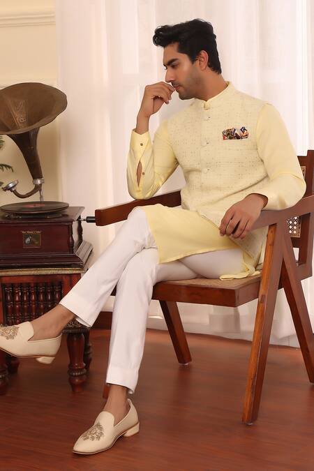 Buy_Kustomeyes_Yellow Silk, Cotton Sequins, Embroidery Thread Bundi And Kurta Set 