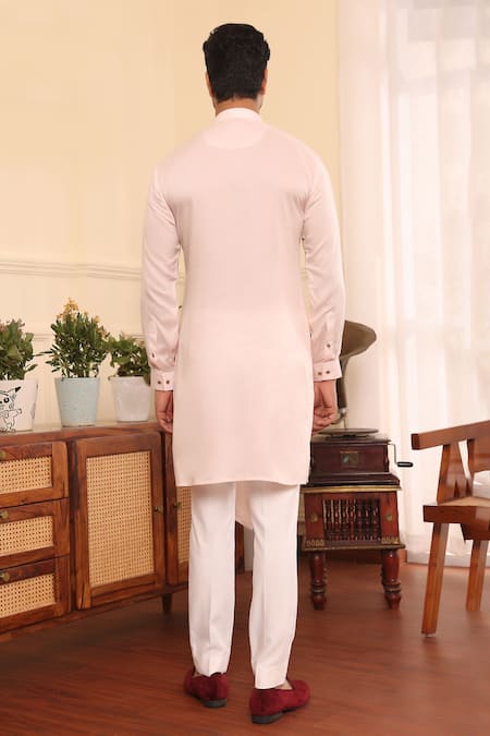 Shop_Kustomeyes_Pink Silk, Cotton Embroidery Diamond Asymmetric Kurta Set _at_Aza_Fashions