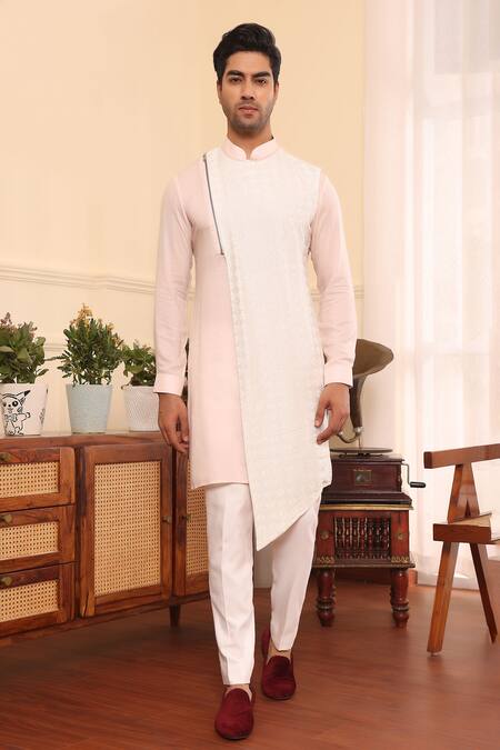 Kustomeyes_Pink Silk, Cotton Embroidery Diamond Asymmetric Kurta Set _Online_at_Aza_Fashions