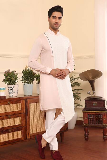 Shop_Kustomeyes_Pink Silk, Cotton Embroidery Diamond Asymmetric Kurta Set _Online_at_Aza_Fashions