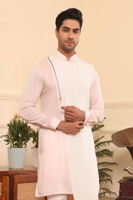 Kustomeyes_Pink Silk, Cotton Embroidery Diamond Asymmetric Kurta Set _at_Aza_Fashions