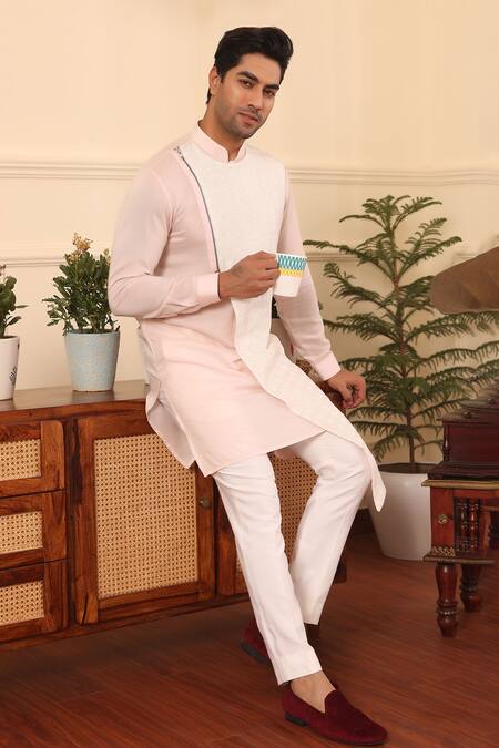 Buy_Kustomeyes_Pink Silk, Cotton Embroidery Diamond Asymmetric Kurta Set 