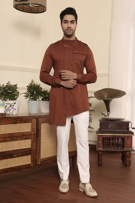 Buy_Kustomeyes_Brown Cotton Asymmetric Kurta Set _Online_at_Aza_Fashions